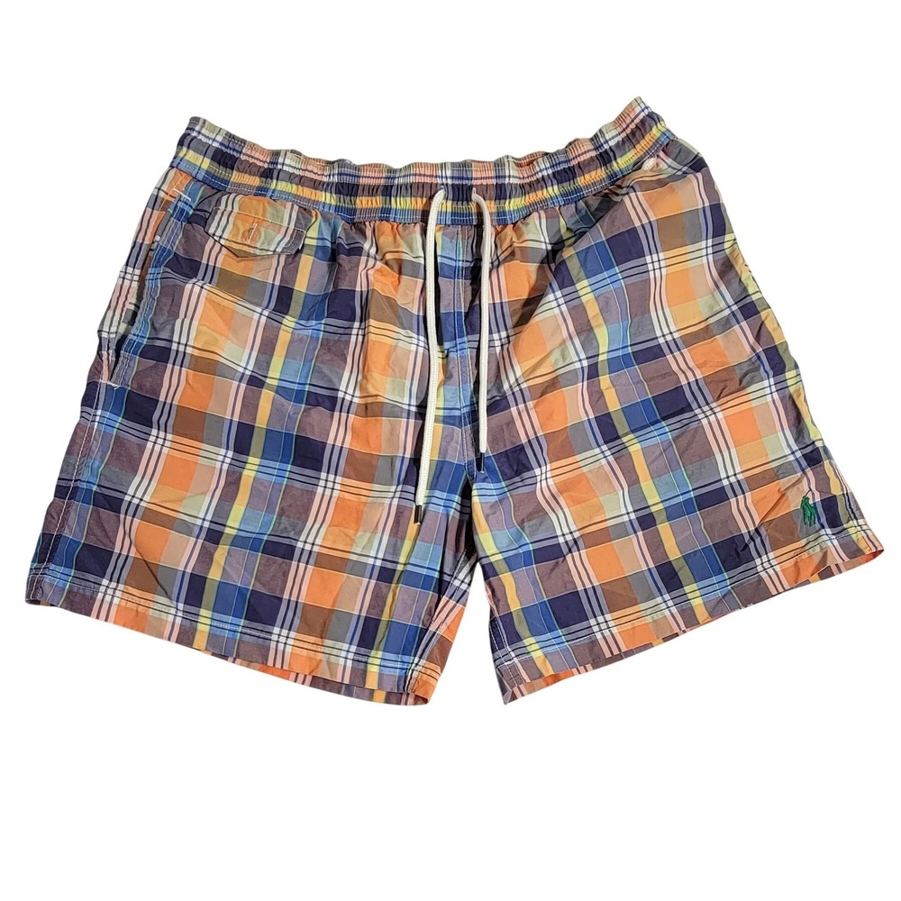 Polo Ralph Lauren Mens Plaid Swim Trunks Orange Blue Multi Color L Mesh Lined